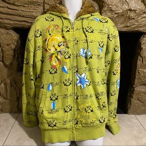 Christian Audigier Ed Hardy Faux Fur Lined Lime Green Sweater Rare 2000s